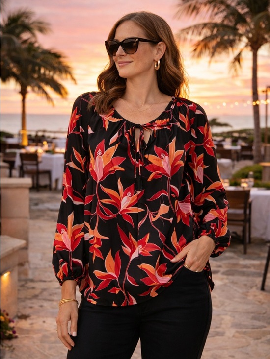 entro Tops - Entro Black Floral Blouse 🌅 Resort Dinner Vacation Top Red Orange Statement Chic